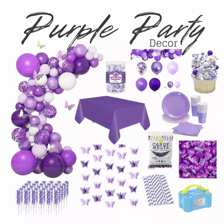 purple party decor with balloons and decorations