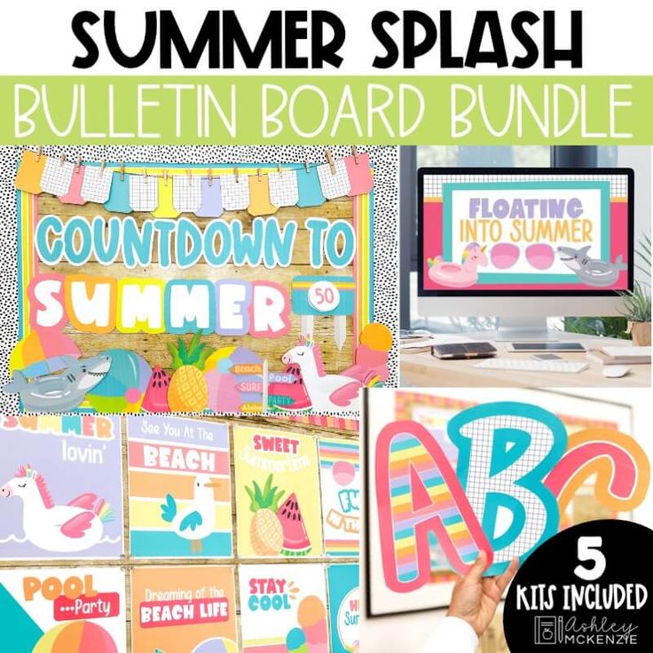 the summer splash bulletin board bundle is shown with text overlaying it and an image of