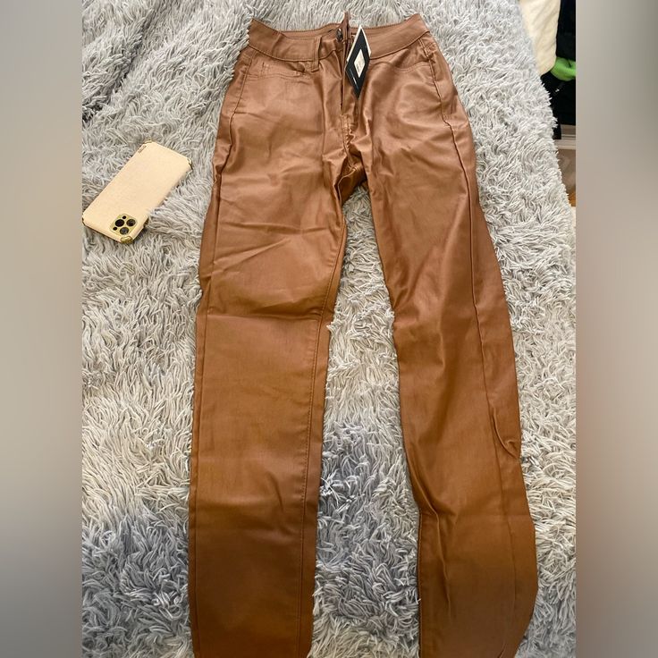 -Size S -Never Worn -Tags -Faux Leather Trendy Brown Leather Pants With Pockets, Brown Stretch Leather Bottoms, Stretch Faux Leather Brown Bottoms, Stretch Brown Leather Pants For Work, Brown Stretch Leather Pants For Work, Stretch Brown Faux Leather Bottoms, Brown Faux Leather Pants With Pockets, Trendy Brown Leather Pants For Fall, Trendy Brown Leather Pants