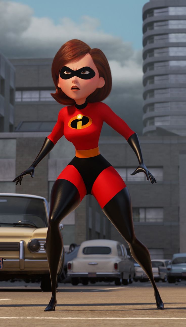 an animated woman in a red and black costume