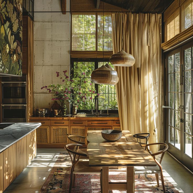 the sun shines through the windows in this rustic kitchen