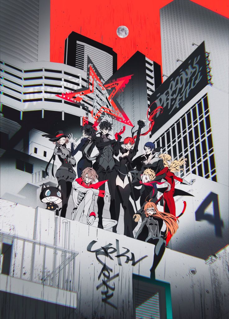 anime characters standing on top of a building in front of red and black graffiti art