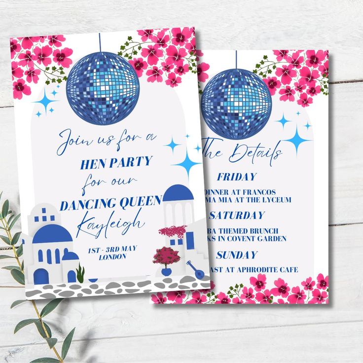 two blue and pink disco ball birthday party cards with flowers on the front, one is for