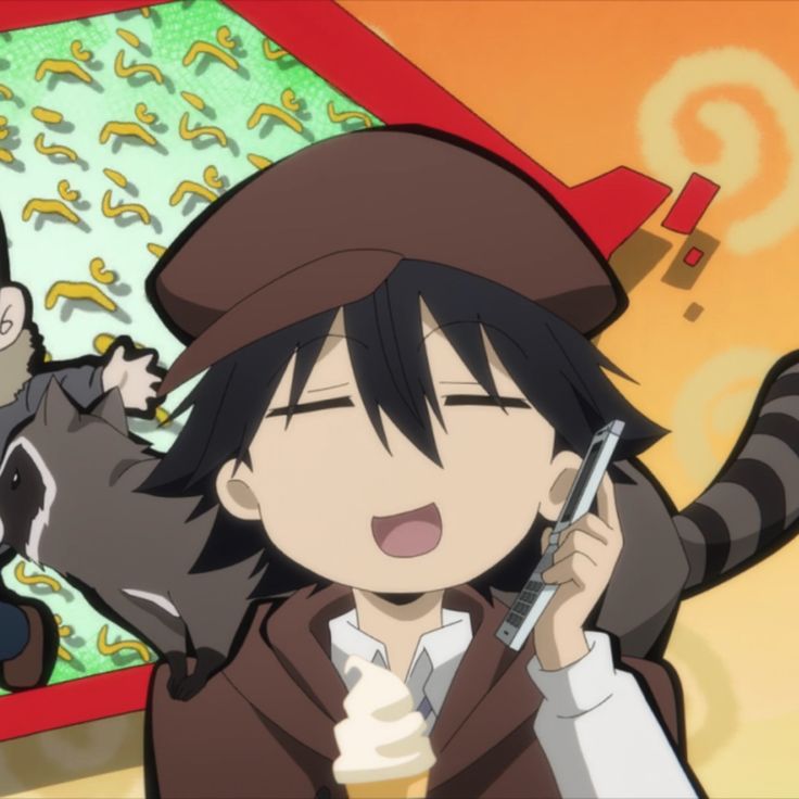 an anime character holding a cell phone to his ear and looking surprised at the camera