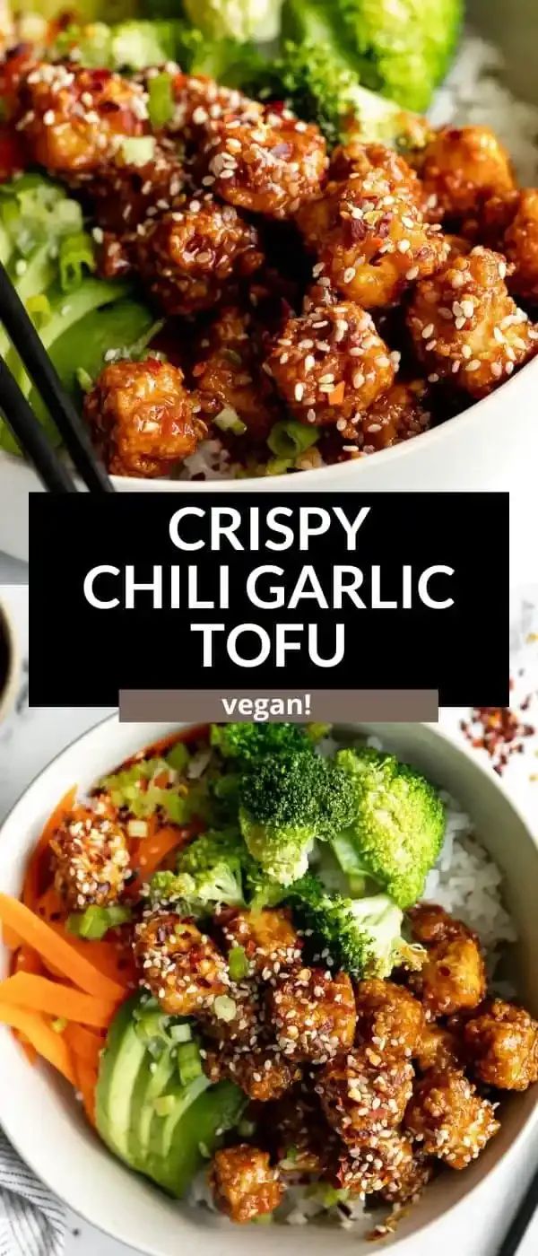 crispy chili garlic tofu in a bowl with carrots and broccoli