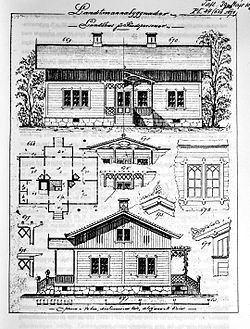 an old house with two floors and three windows, in the middle of it is a drawing