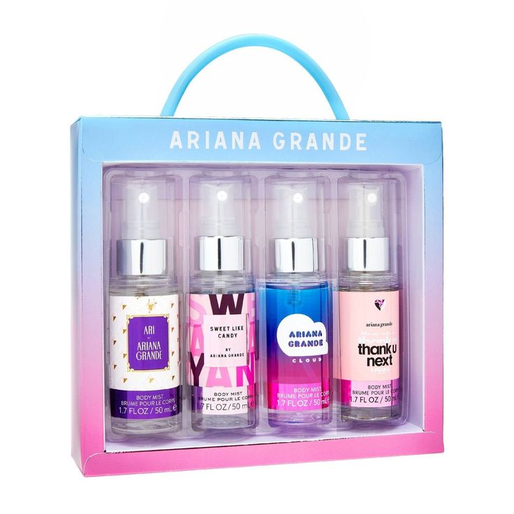 The best things come in small packages! Be the ultimate Ariana Grande fan with this must-have gift set. Featuring 4 mini body mists to layer your favorite fragrances. Includes 1.7 fl oz body mists of Thank U Next, Cloud, Sweet Like Candy, and Ari by Ariana Grande. Ariana Grande Body Mist, Ariana Grande Body, Ariana Grande Thank U Next, Ariana Perfume, Decorations Bedroom, 13 Birthday, Dream Items, Preppy Things, Thank U Next