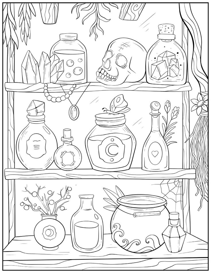 a shelf filled with bottles and skulls on top of it, in black and white