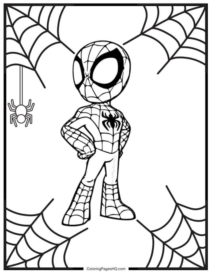 spiderman coloring pages for kids to print out and color with the spider man in his web