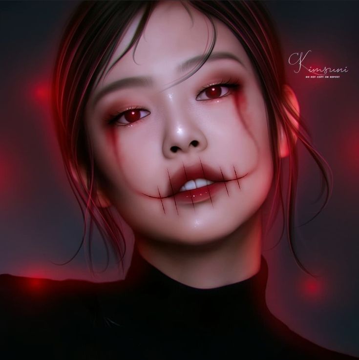 a digital painting of a woman with blood on her face