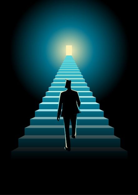 a man is walking up the stairs to an open door with light coming from it