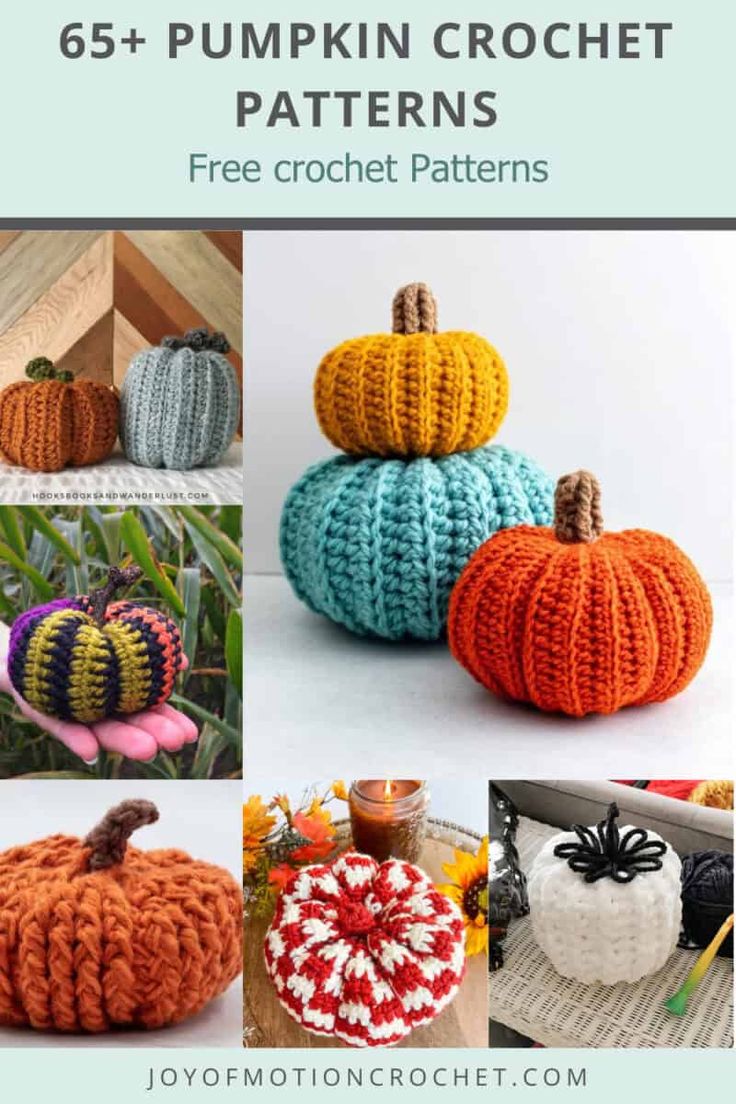 crocheted pumpkins with text overlay that reads, 65 pumpkin crochet patterns