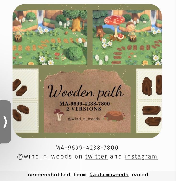 an advertisement for wooden path in the middle of a field with mushrooms and other things