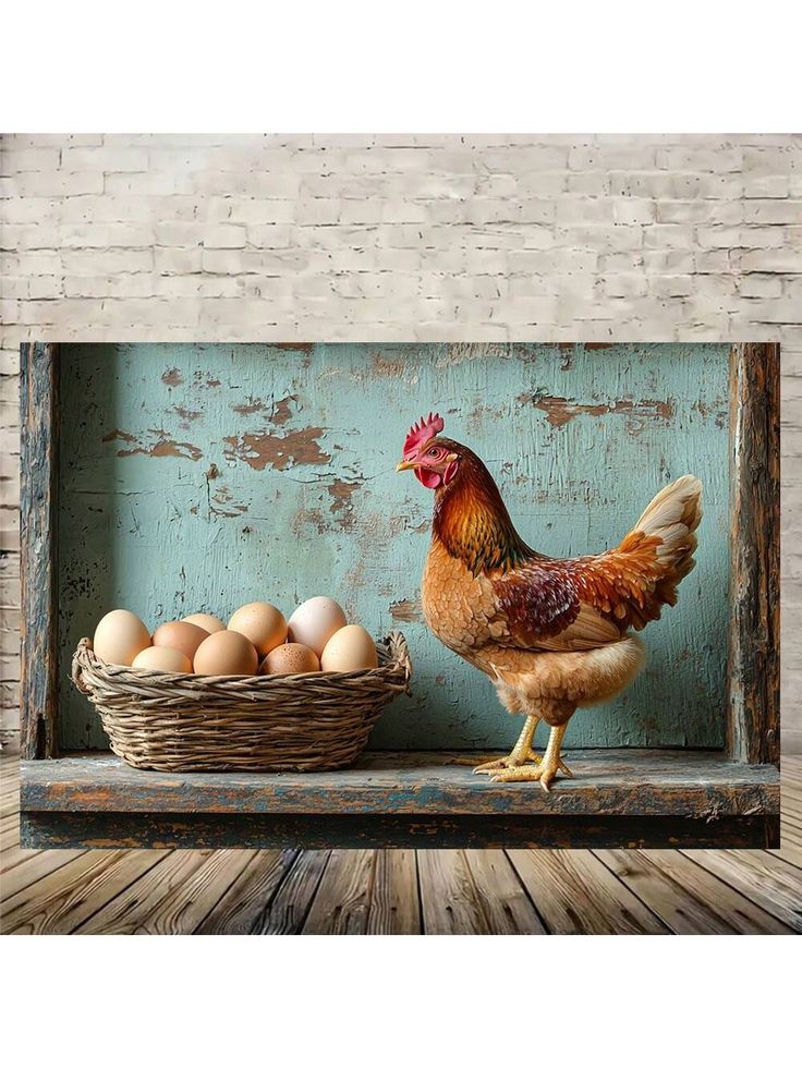 a chicken standing next to a basket full of eggs on a wooden shelf in front of a brick wall