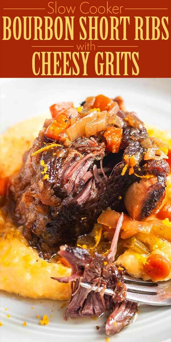 the cover of slow cooker bourbon short ribs with cheesy grits on a white plate