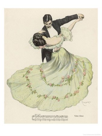 an illustration of a man and woman in formal dress dancing together with flowers on the skirt