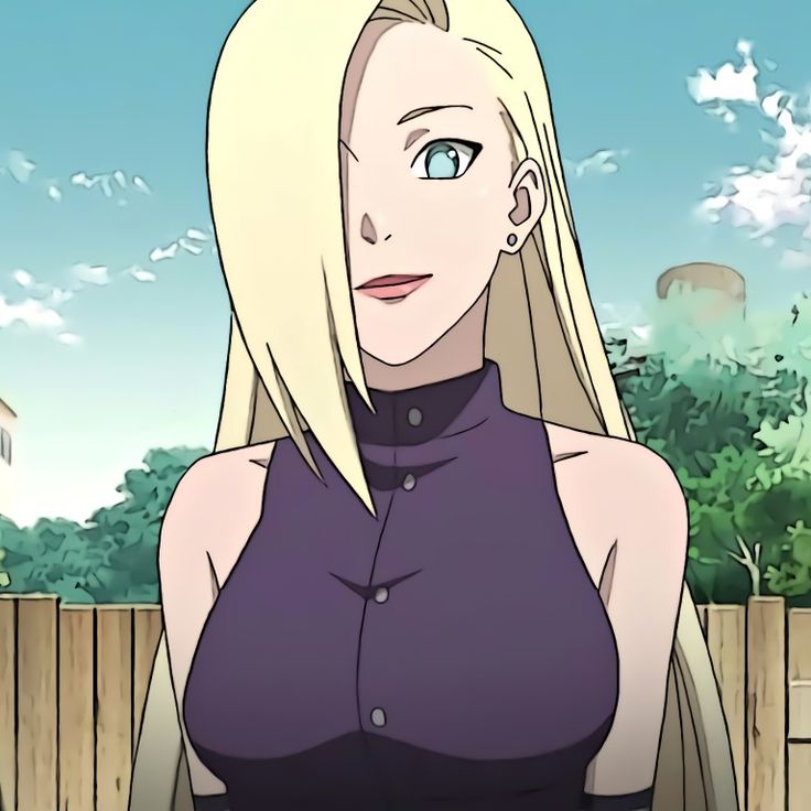 an anime character with blonde hair and blue eyes wearing a purple shirt, standing in front of a wooden fence