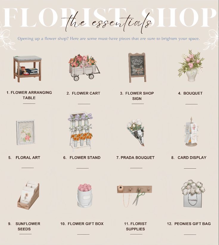 the florist shop poster is shown with flowers and other things to buy from it