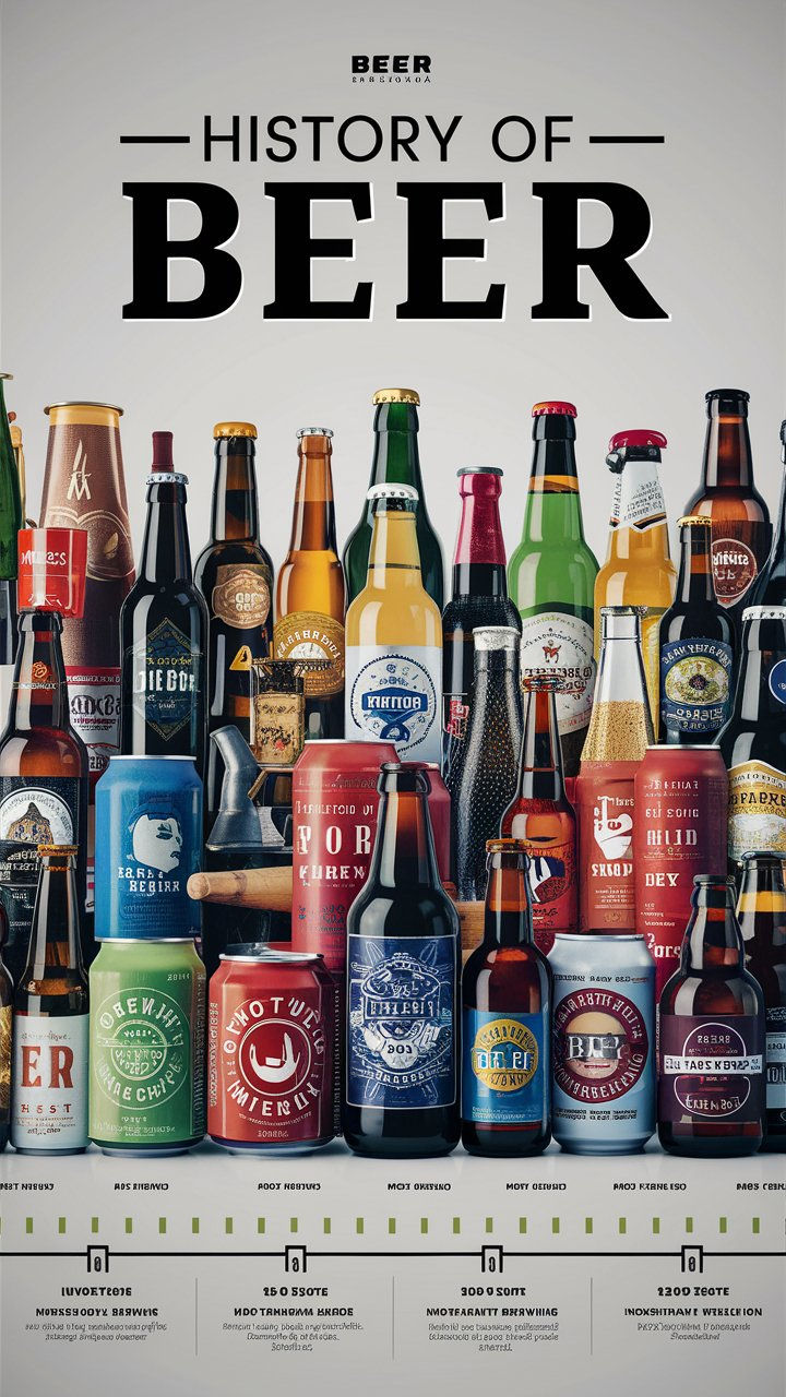 the history of beer poster is shown with many different types of bottles and cans in it