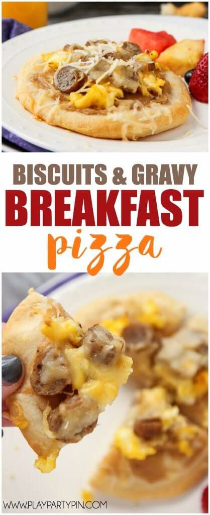 a close up of a pizza on a plate with text overlay that reads biscuits and gravy breakfast pizza