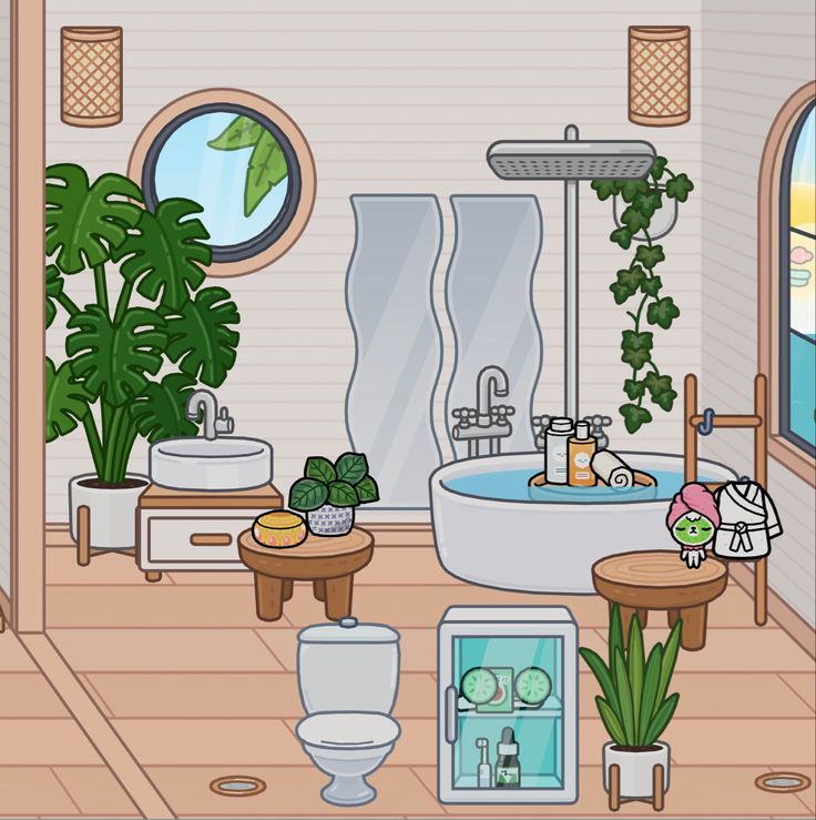 a cartoon bathroom with plants and potted plants