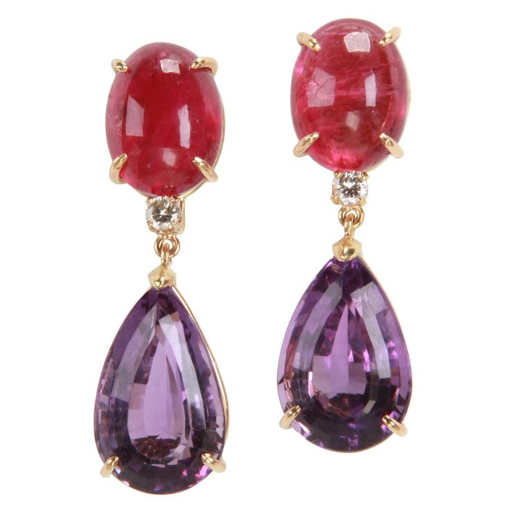 Rubelite Amethyst Diamond Gold Drop Earring | 1stdibs.com Virgo Rising, Goth Wardrobe, Blessed Wednesday, Yellow Gold Drop Earrings, Bridal Earrings Drop, Fancy Earrings, Jewelry Boards, Diamond Gold, Earrings Drop