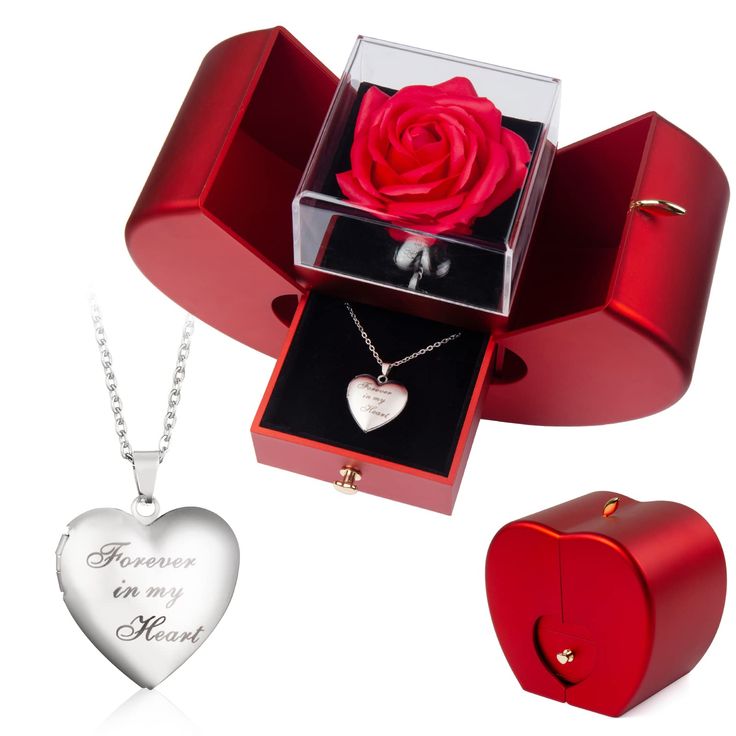 a heart shaped box with a rose in it next to a necklace that says forever on my heart