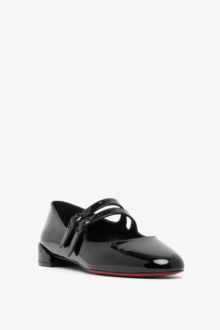 Black patent leather ballet flats from Christian Louboutin. The Sweet Jane are made of black patent calfskin leather, featuring two elasticated straps with tonal buckles that crossover the instep, set on a flat rubber block heel.Signature red rubber soleTrue to sizeMade in Italy