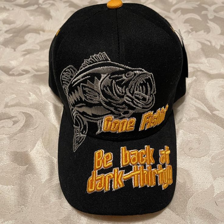 Nwt Gone Fishin Be Back At Dark Thirty Fishing Cap Hat Black, Adjustable Adjustable Black Fishing Hat, Adjustable Black Hat For Fishing, Black Curved Brim Fishing Hat, Black Curved Brim Hat For Fishing, Adjustable Black Trucker Hat For Fishing, Black Snapback Baseball Cap For Fishing, Casual Short Brim Baseball Cap For Fishing, Black Short Brim Fishing Hat, Bear Accessories