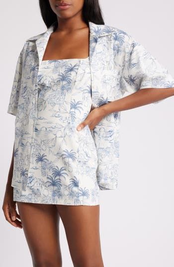 A dreamy palm print brings vacation vibes to this lightweight linen-kissed camp shirt. Front button closure Notched collar Short sleeves Chest pocket 65% cotton, 30% viscose, 5% linen Dry clean Imported Vacation Vibes, White Garden, Garden Print, White Gardens, Camp Shirt, Palm Print, Notched Collar, Camping Shirt, Chest Pocket