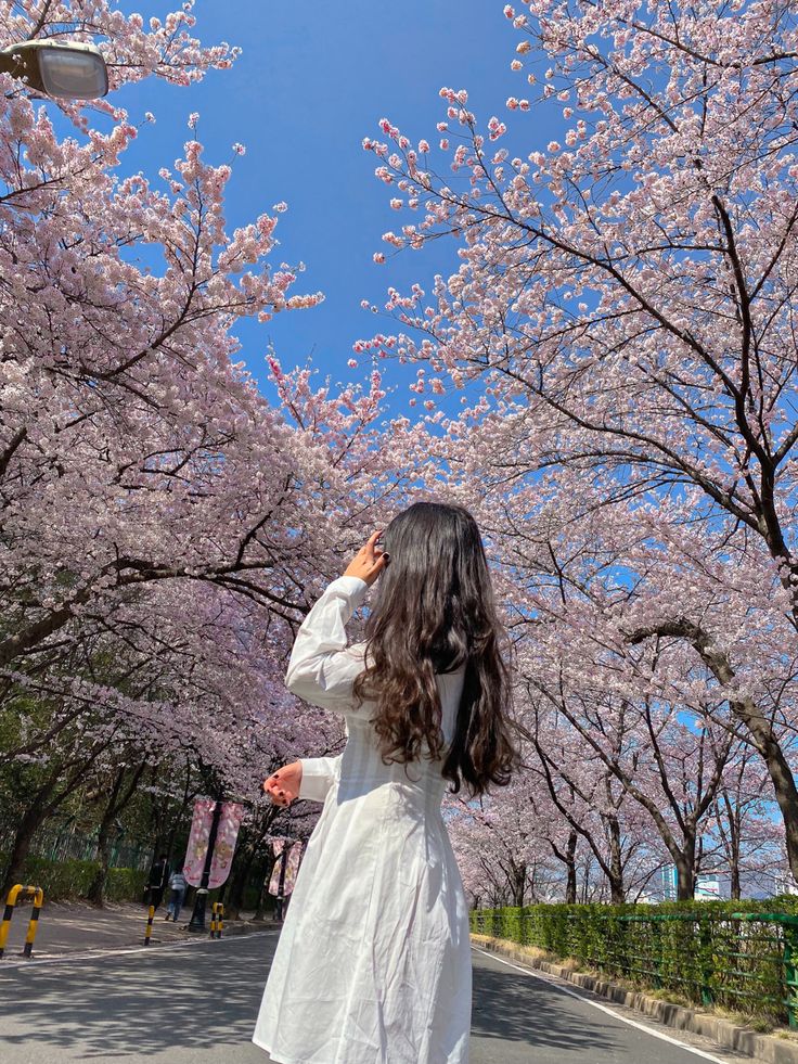 a woman in a white dress is looking up at the cherry blossom trees that are blooming