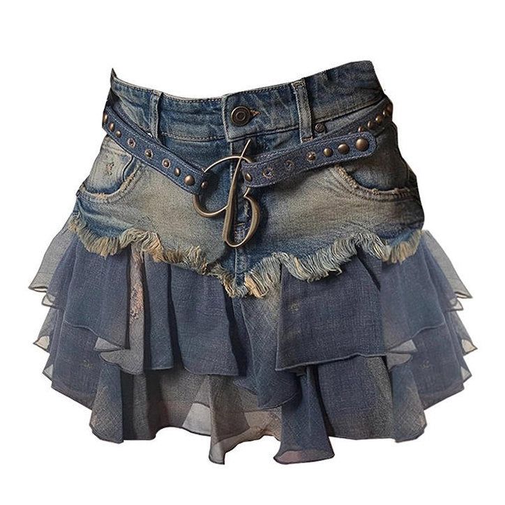 Y2K Aesthetic Denim Ruffled Skirt - Boogzel Clothing American Streetwear, E Girl Clothes, Jeans Custom, Mini Skirt Summer, Oc Board, Short Jean Skirt, Body Skirt, Short Jean, Gown Pattern