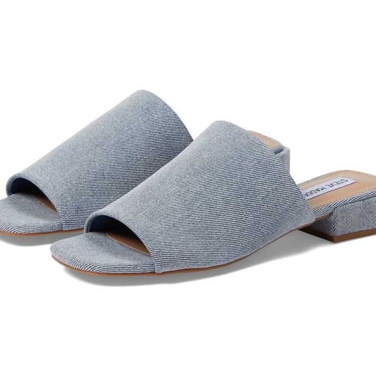 Brand New! Casual Blue Mules With Cushioned Footbed, Denim Blue Denim Sandals For Spring, Chic Denim Sandals For Spring, Casual Blue Slip-on Mules, Casual Denim Sandals With Removable Insole, Flat Denim Blue Sandals, Denim Blue Sandals For Spring, Casual Blue Flat Mules, Blue Denim Sandals With Removable Insole