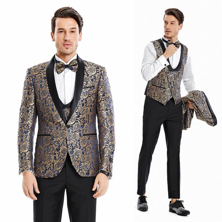 Elevate Your Style To New Heights With The Tazio Gold Baroque Paisley 3-Piece Suit Set The Epitome Of Sartorial Excellence And Sophistication. This Suit Is A Striking Masterpiece, Exuding Confidence With Its One-Button Closure, Skinny Fit, And Gold Baroque Paisley Pattern. The Jacket, With Its Shawl Collar And Underarm Sweat Guards, Combines Class And Comfort, While The Satin Solid Black Pants, Featuring Two Back Besom Pockets And Flat Front Design, Add A Contemporary Edge. The Double-Breasted V Festive Paisley Print Sets, Royal Fitted Suits For Festive Season, Royal Formal Suit For Festive Occasions, Royal Fitted Festive Suits, Royal Style Fitted Formal Sets, Elegant Festive Business Sets, Luxury Fitted Brocade Sets, Royal Fitted Party Sets, Tailored Brocade Suits For Formal Occasions