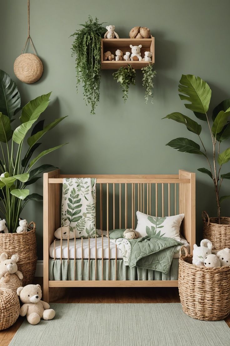 a baby's room with green walls and plants