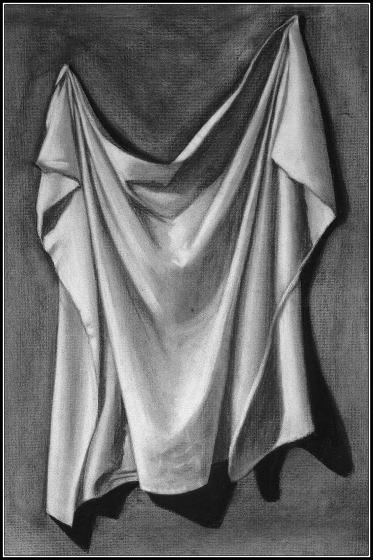 a black and white drawing of a cloth draped in the wind on a gray background