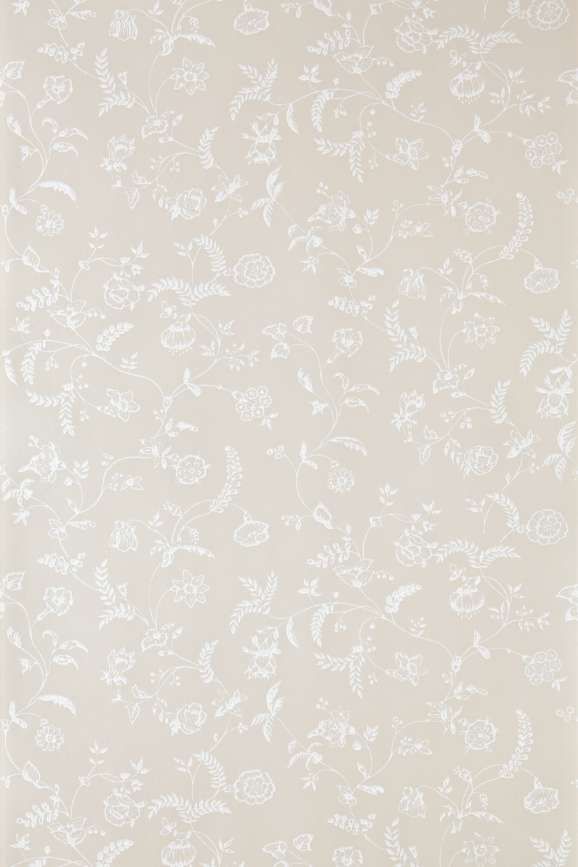 a white wallpaper with small flowers and leaves on the bottom half of it, in an off - white color