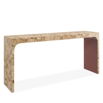 a marble and wood console table with a red metal shelf on the top, against a white background