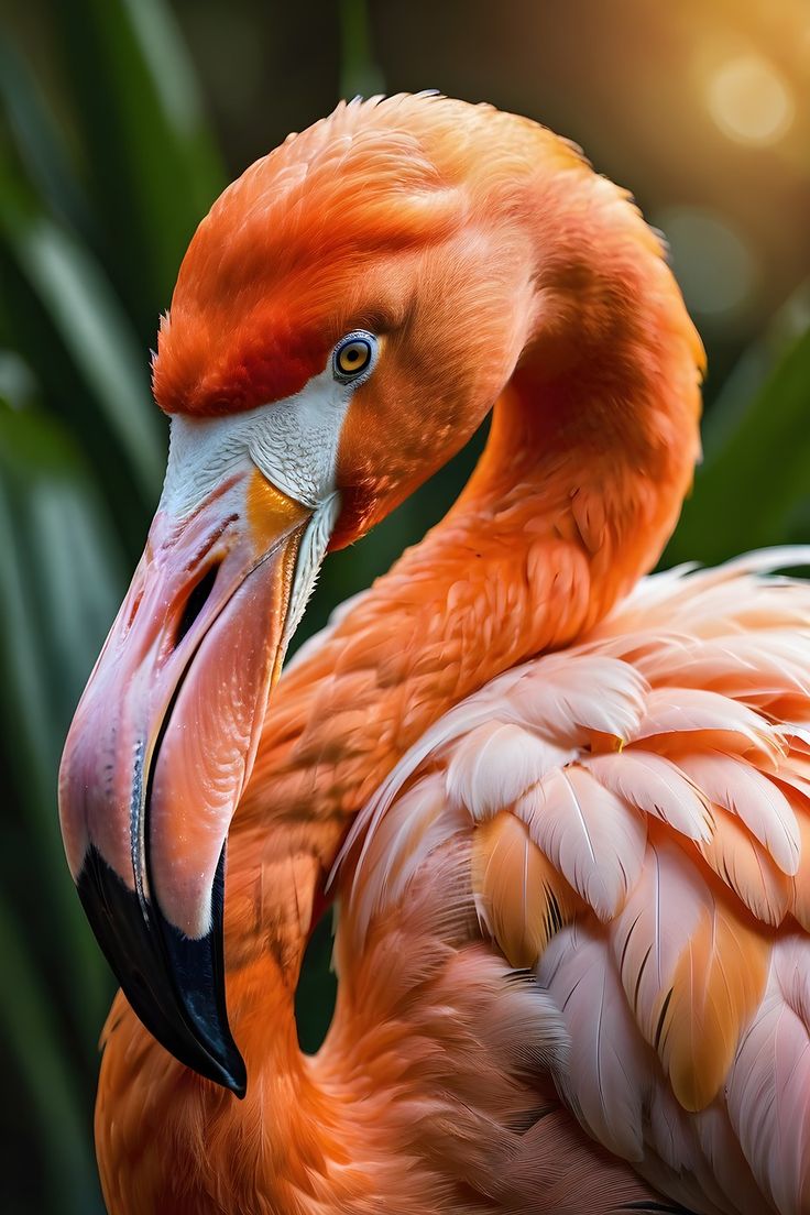 a flamingo with its beak open and it's head turned to the side