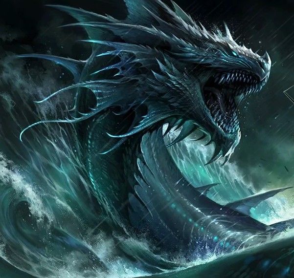 a black dragon sitting on top of a wave in the ocean with it's mouth open