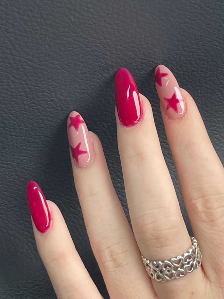 Red And Pink Nails Ideas, Nail Goals, Pretty Gel Nails, Simple Nail, Star Nails, Nails Inspo, Best Acrylic Nails, Cute Acrylic Nails, Perfect Nails