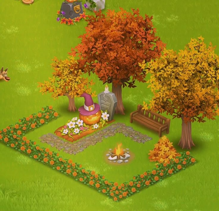 an animated image of a park with trees and flowers in the fall, including a bench