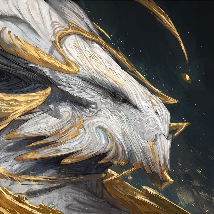 a white and gold dragon with its mouth open in front of the viewer's eyes