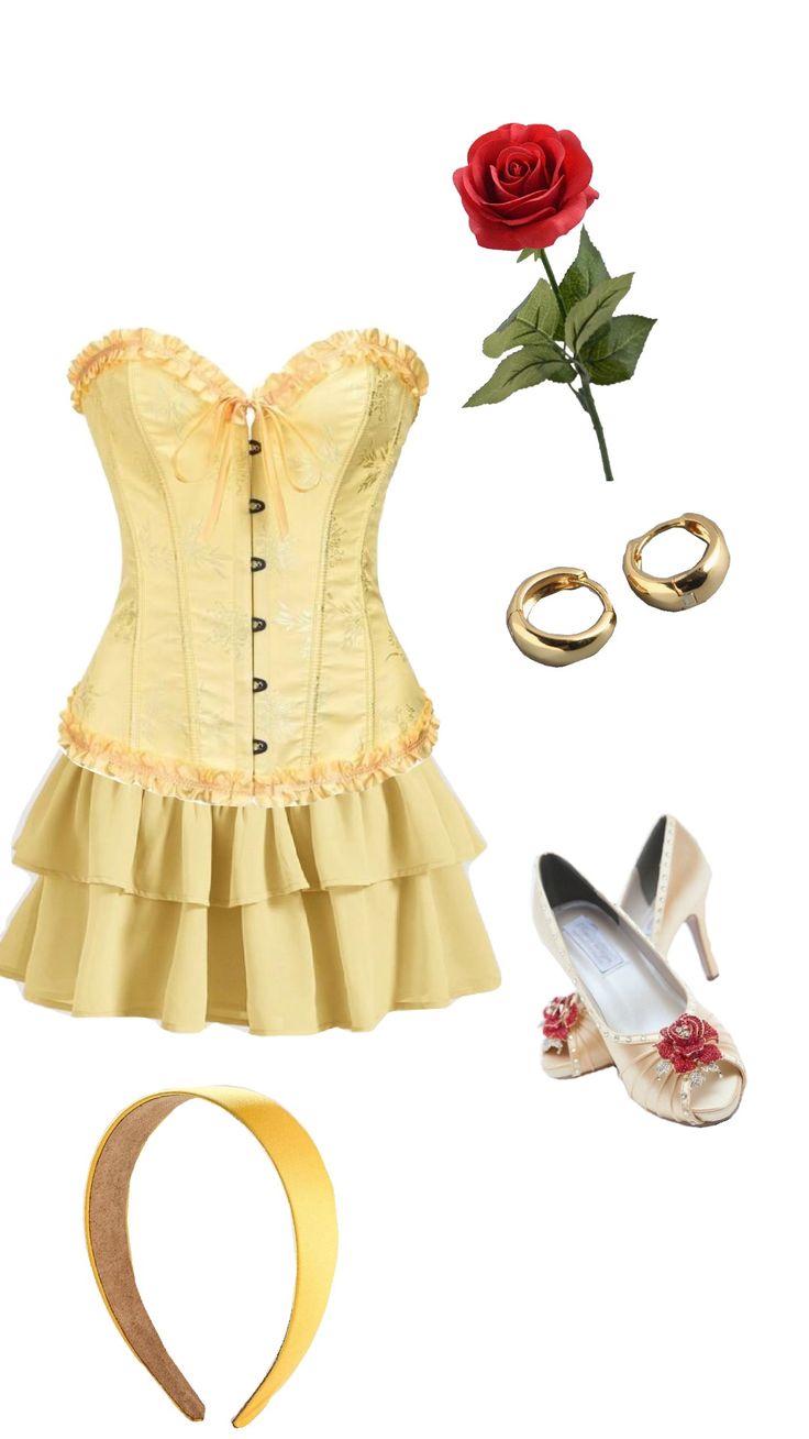 a yellow corset and accessories including shoes, bracelets, ringlets and a rose