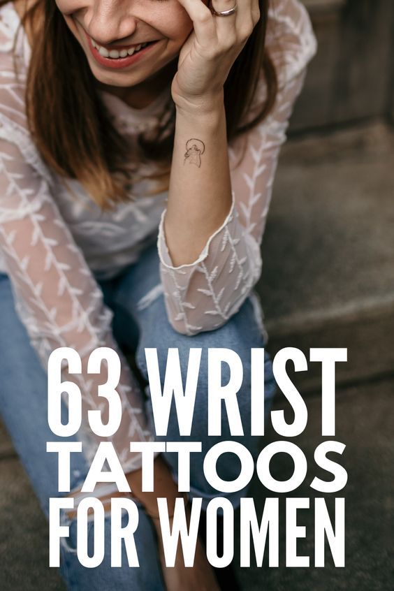 a woman sitting on the ground holding her hand up to her face with text overlay that reads, 63 wrist tattoos for women