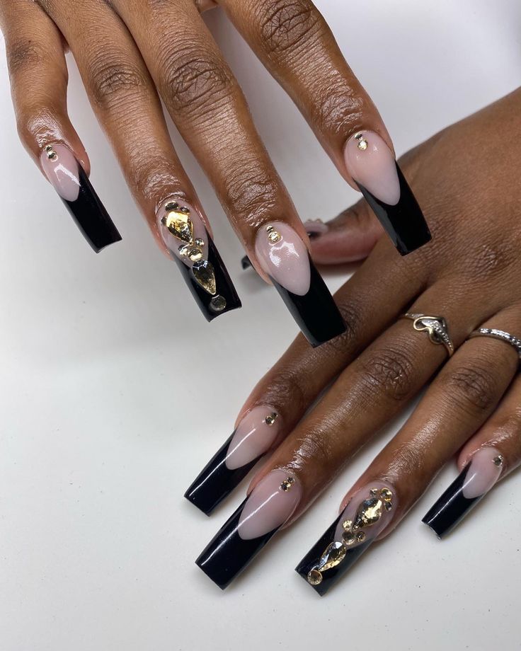 Black Nails With Gold Gems, Black Nails With Gold Charms, Black Nails With Diamonds Rhinestones, Black And Gold Acrylics, Black Nail Inspo, 23 Nails, Prom Prep, Black Gold Nails, Bday Nails