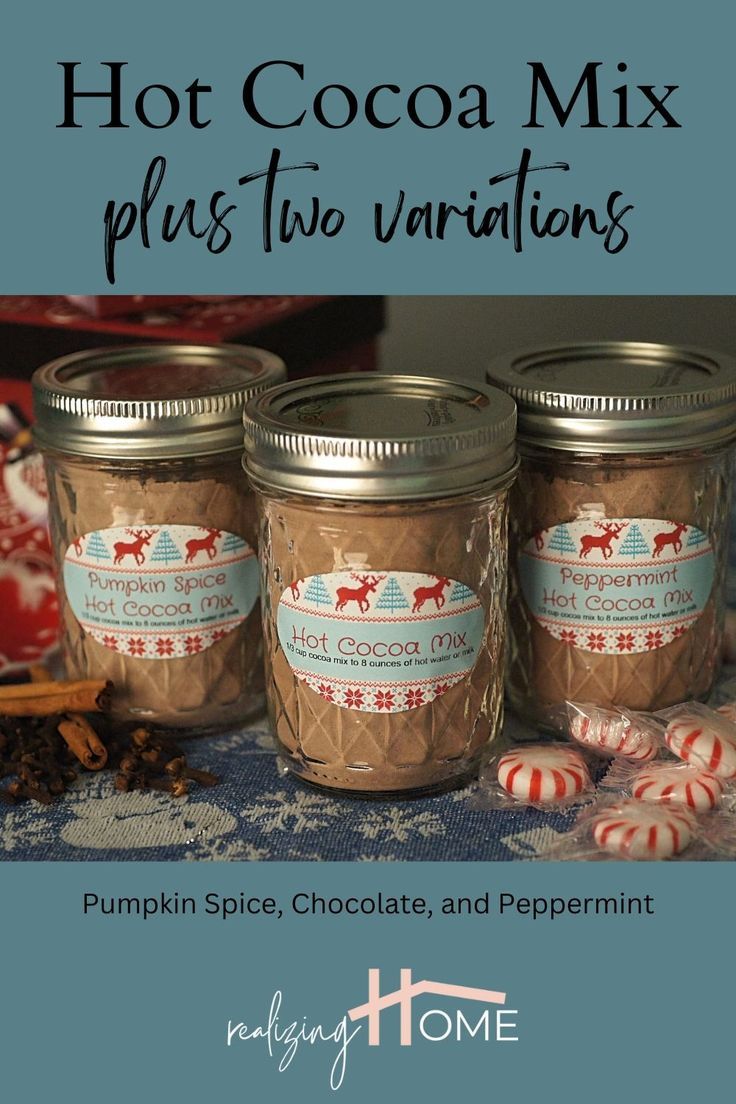 three labeled pint size mason jars with Pumpkin Spice Cocoa Mix, original Hot Cocoa Mix and Peppermint Hot Cocoa Mix Hot Cocoa Variations, Hot Cocoa Mixes Homemade, Homemade Hot Chocolate Mix Recipe Gift, Cocoa Recipes Powder, Pumpkin Spice Hot Cocoa Mix Recipe, Diy Hot Cocoa Mix Recipes, Diy Hot Chocolate Mix Recipes, Bulk Hot Chocolate Mix Recipe, Hot Chocolate Mix Recipes Dry