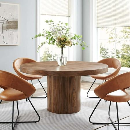 Embrace warm memories and genuine connection while gathered around the Gratify 60" Dining Table. Commanding a bold presence in your dining room, this round table features a sturdy MDF construction with beautiful wood grain veneer to complement its strikingly simplistic modern design. This 60" dining table comfortably accommodates up to 6 people. Includes non-marking foot pads to protect flooring. Assembly required. Weight Capacity: 330 lbs. Color: Brown. 60 Round Dining Table, Genuine Connection, Dining Roo, Dining Table Gold, Round Dining Table Modern, Modern Kitchen Tables, Round Kitchen Table, Gold Dining, Round Wood Dining Table