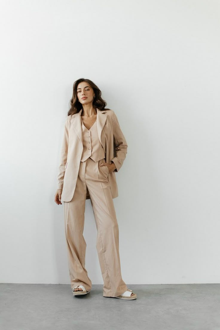 Beige Linen 3-piece Matching Suit With Straight Jacket, Vest and Palazzo Pants. Summer Formal Pants Suit. Women's Suit With Vest and Blazer. - Etsy 3 Pieces Suit Woman, Masc Wedding Outfit Guest, Beige Suits Women, Women’s Suits, 3 Piece Suits For Women, Gender Neutral Wedding Outfit, Summer Suits For Women, Linen Beige Pants, Shakespeare Costumes