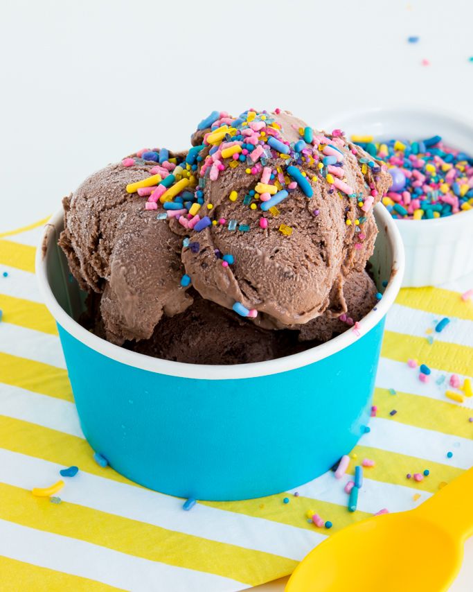 two scoops of chocolate ice cream with sprinkles in a blue bowl